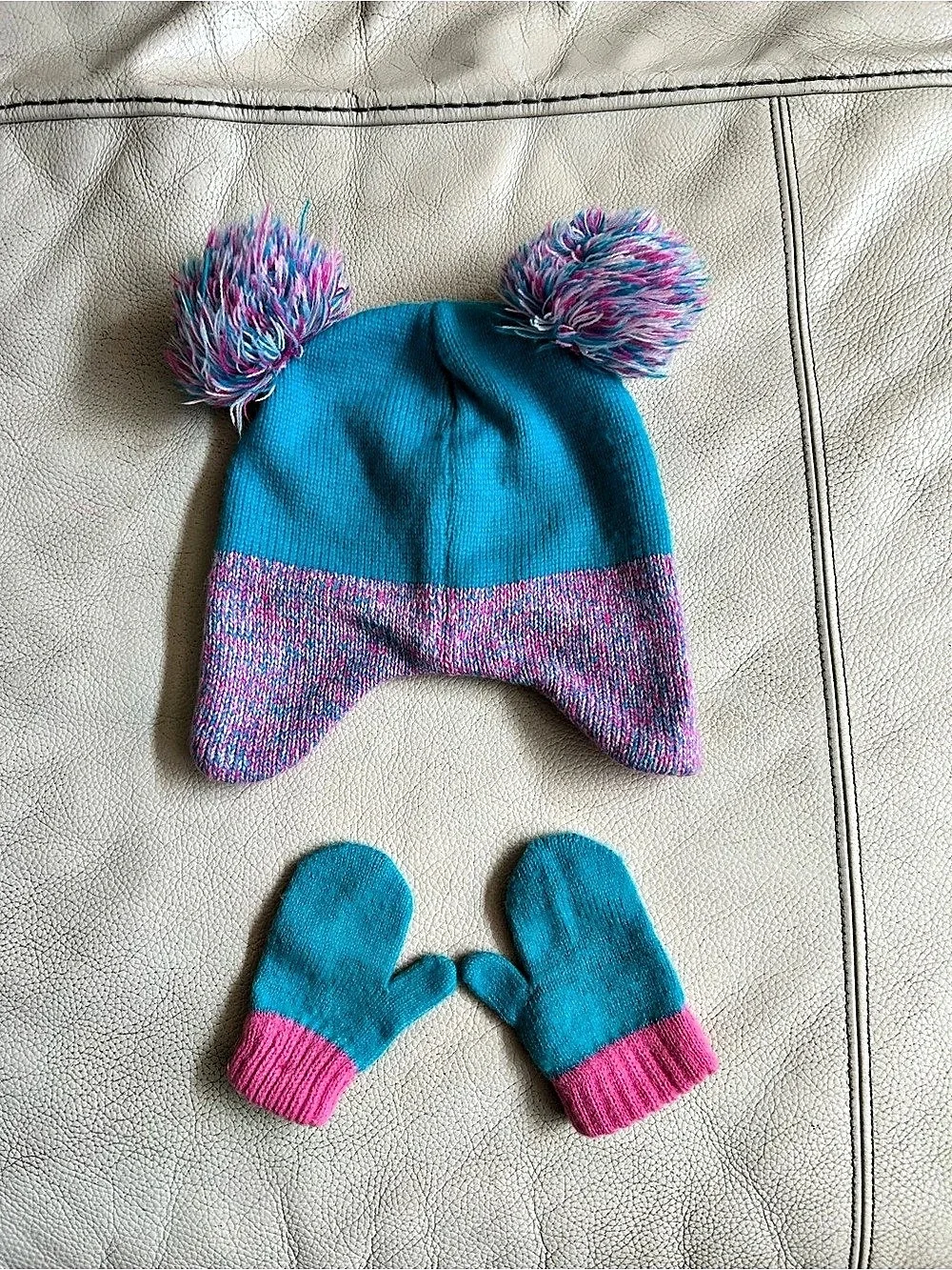 The Children's Place Girls Owl Hat And Mittens Set Blue & Pink Like New